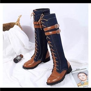 Brown and denim boots